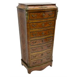 Mid-20th century Louis XVI design Kingwood and walnut secretaire à Abattant, shaped serpentine form with dark rouge variegated marble top, the fall front disguised as three drawers enclosing birdseye maple interior with shelf, drawers and writing surface, four functioning drawers below, decorated with cast gilt metal mouldings and mask cartouches, on skirted base with egg and dart moulded gilt metal edge