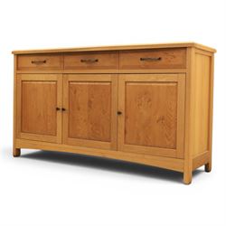Contemporary light oak sideboard, three cupboards and three soft close drawers