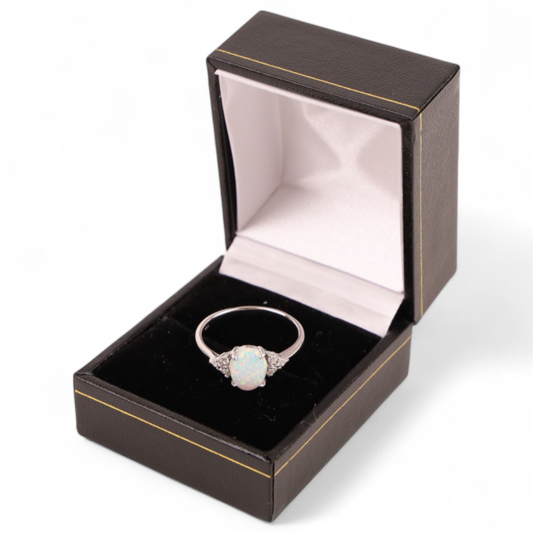 Silver opal and cubic zirconia cluster ring, boxed 