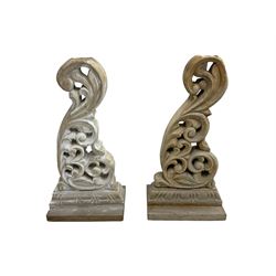 Pair of carved beech table end supports, s-scroll form pierced and carved with scrolls and foliage