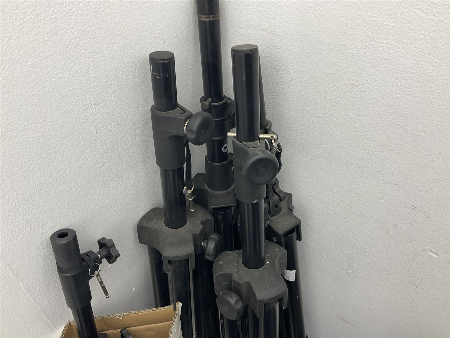 Wharfedale Pro Titan 12 speaker, pair of Wharfedale pro titan 8 speakers, Skytec SP1000 speaker, img stage line PAB-110 MK2 speaker and five speaker stands of various sizes (10)