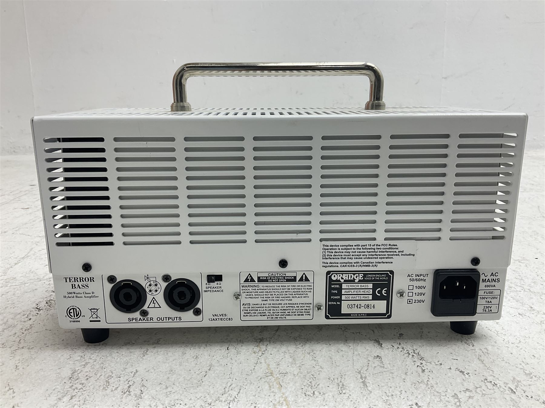 Orange 'Terror Bass' 500 watts Class D Hybrid Bass Amplifier; serial no.03742-0814; L30cm; and Orange 'Voice of the World' SP212 bass cabinet with 2 x 12