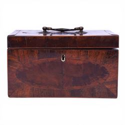19th century tea caddy of rectangular form, with brass handle, the hinged lid opening to  ...