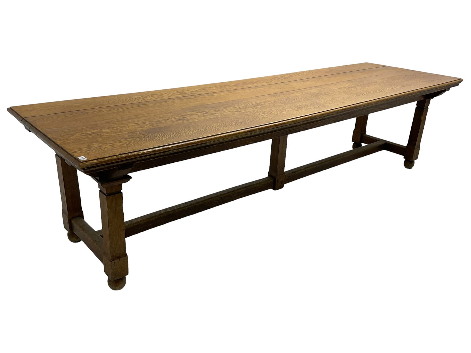 Large 19th century oak ecclesiastical refectory table, the moulded rectangular top on square supports joined by H stretchers with central upright support