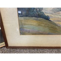 G A Townsend (British 20th century) 'The Trout Inn', watercolor signed and dated; M C W (British 20th century) The Wolds watercolor signed and dates, together with another watercolour and three landscape prints