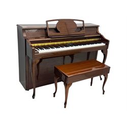 Knight - upright piano in mahogany gloss lacquered case, with stool,  rectangular slide back fall front enclosing full keyboard, with twin brass pedals, cabriole legs 