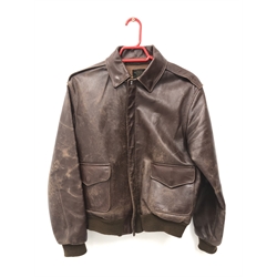  WW2 US Air Force type brown leather flying style jacket, labelled Type A-2 DWG No.30-1415, Order No.42-058361 Property Airforce US Army, Eastman Leather Clothing, with hook and eye neck, press stud collar and twin pocket flaps, Talon metal zip and elasticated waist and cuffs,   