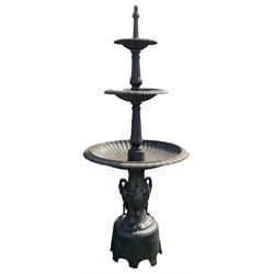 Victorian design large heavy cast iron garden centre-piece fountain, three graduating tiers, on swan base