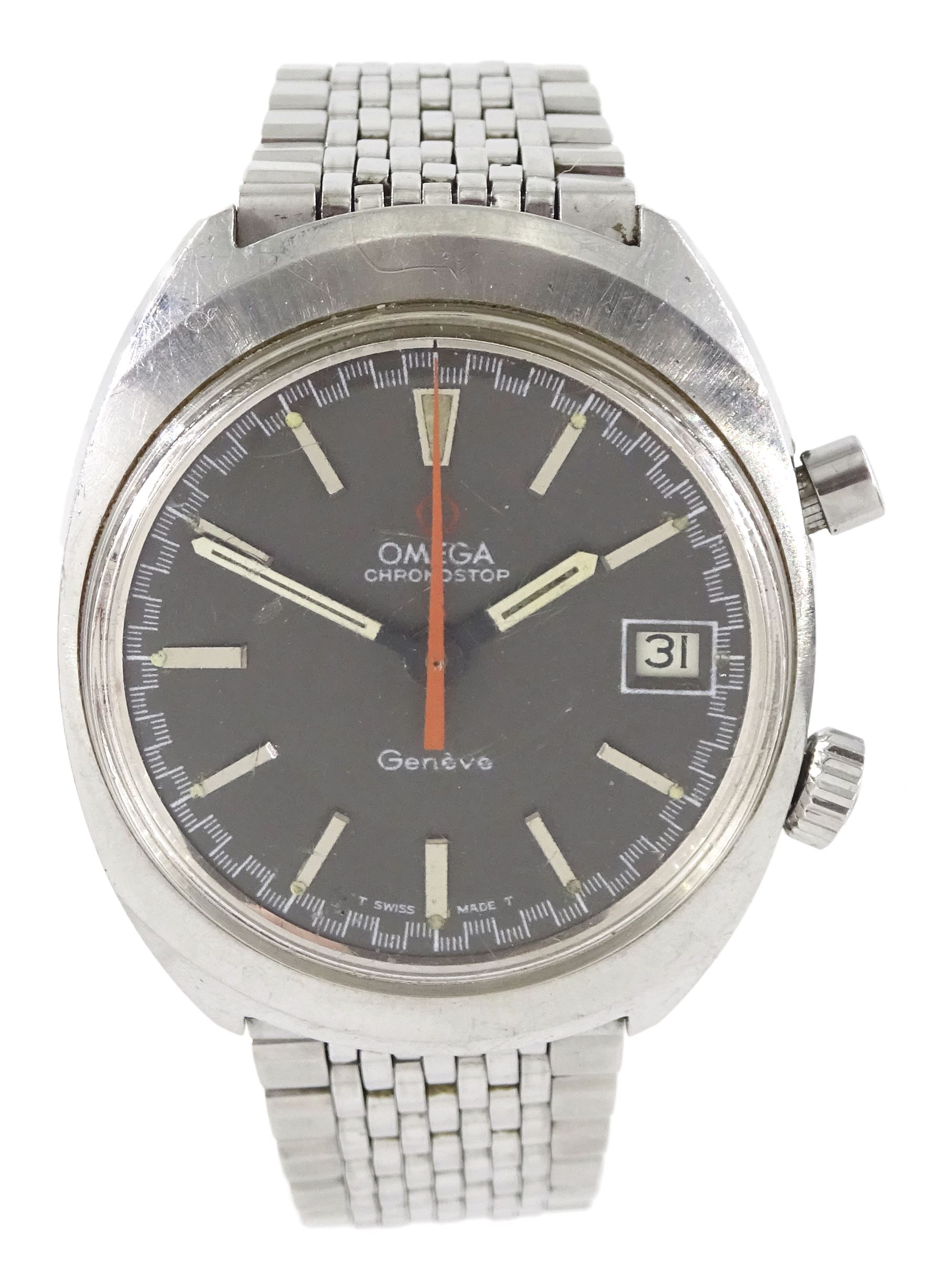 Omega Chronostop gentlemen's stainless steel manual wind single push chronograph wristwatch, circa 1969, Ref. 146.009, serial No. 28440603, grey dial with baton hour markers and date aperture, on Omega stainless steel bracelet, with additional links, original stainless steel bracelet and papers