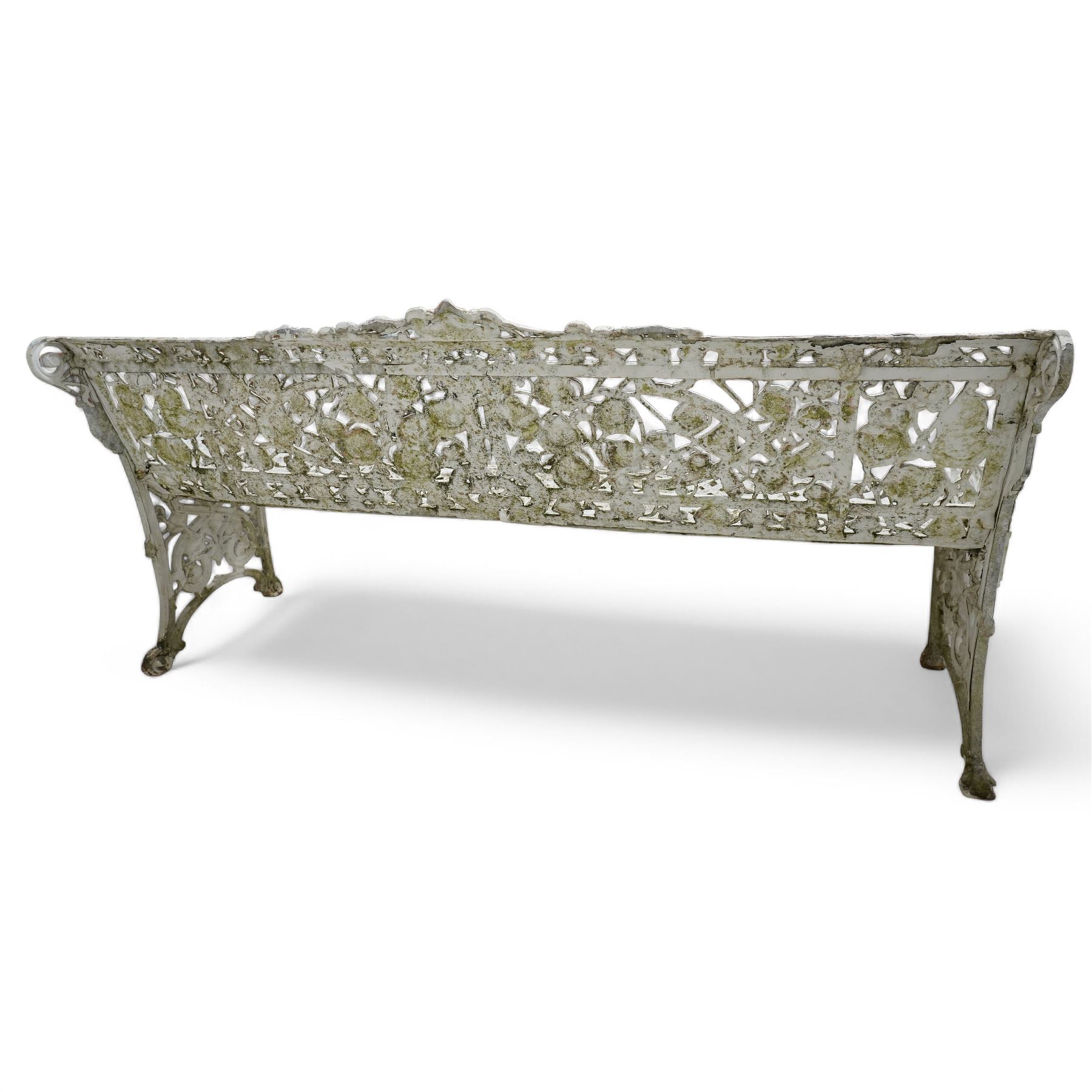 Coalbrookdale design - early 20th century cast aluminium Nasturtium pattern bench, white painted cast aluminium frame and seat, the pediment with a central female mask flanked with extending leafage, the back and seat with scrolling lattice design and interspersed Narsturtium leaves, flanked shaped arm terminals over splayed supports