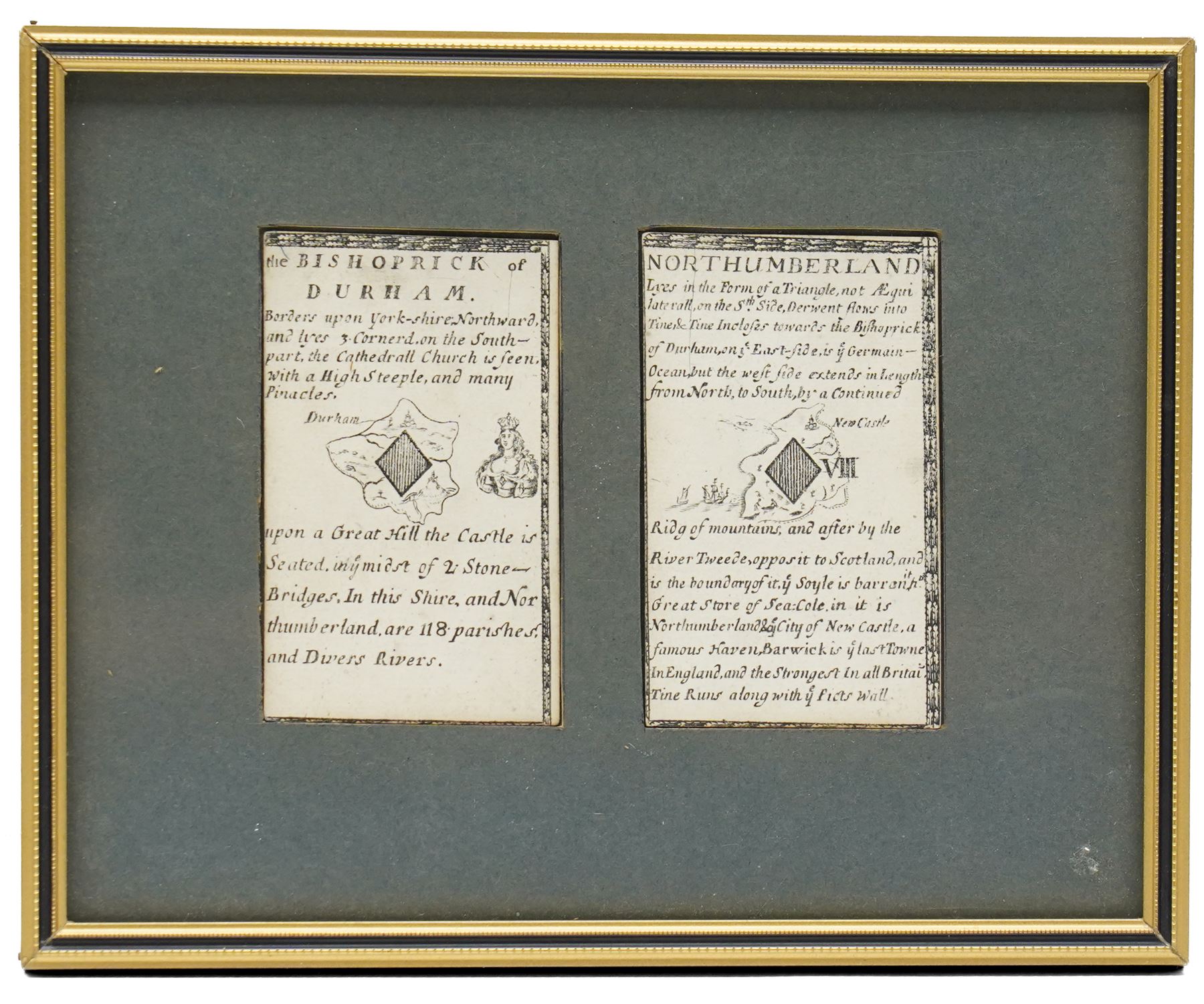  William Redmayne (British fl.1674-1719): 'Bishoprick of Durham' (Queen of Diamonds) and 'Northumberland' (Eight of Diamonds), pair 17th/18th century engraved playing card maps pub. 1712, 9.5cm x 5.5cm (framed as one)