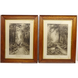  'Sunset in the Wood' and 'Home Through the Glade', two early 20th century mezzotints pub. Hildesheimer, London 67cm x 48cm (2)   
