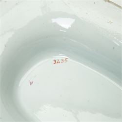 19th century Spode New Stone China dessert service, comprising sauce tureen with cover stand and ladle, large two handled serving dish and smaller example, two others, and seven plates, with chinoiserie decoration, impressed marks to bases 
