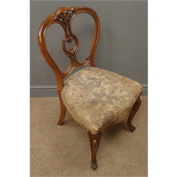  Pair Victorian walnut bedroom chairs, pierced and carved backs, upholstered serpentine seats, cabriole supports, (2)  