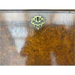 Small early 20th century Queen Anne style bookcase on bureau secretaire, the moulded arched pediment over mirrored door in shaped frame, the bureau fitted with fall front enclosing curved fitted interior, cushion moulded drawer over single drawer, on scroll and shell carved cabriole supports