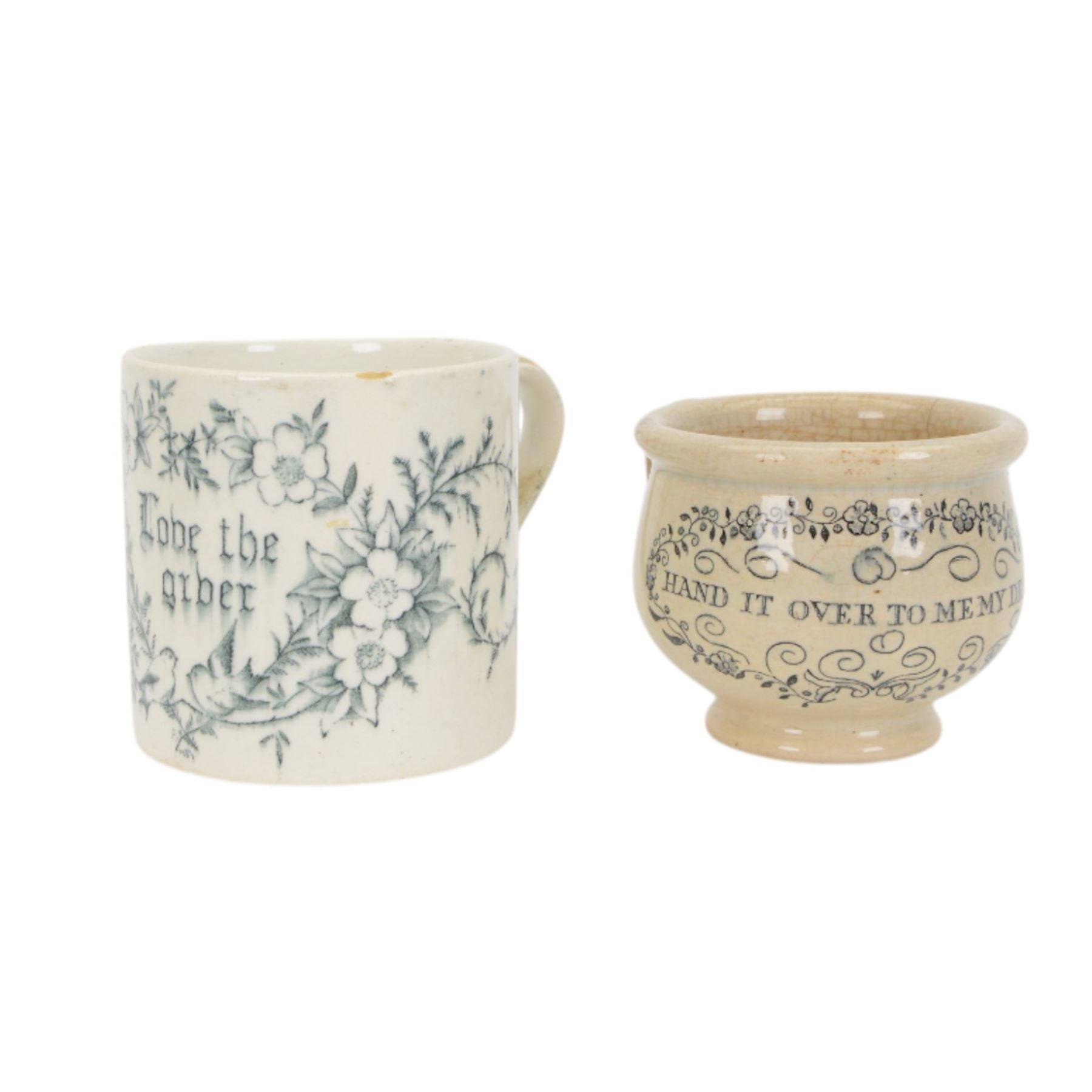 18th century pearlware mug, decorated with floral sprigs, together with 19th century miniature chamber pot printed with the verse and other 19th century ceramics 