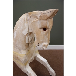  Partially restored striped pine rocking horse for completion and refinishing, L126cm  