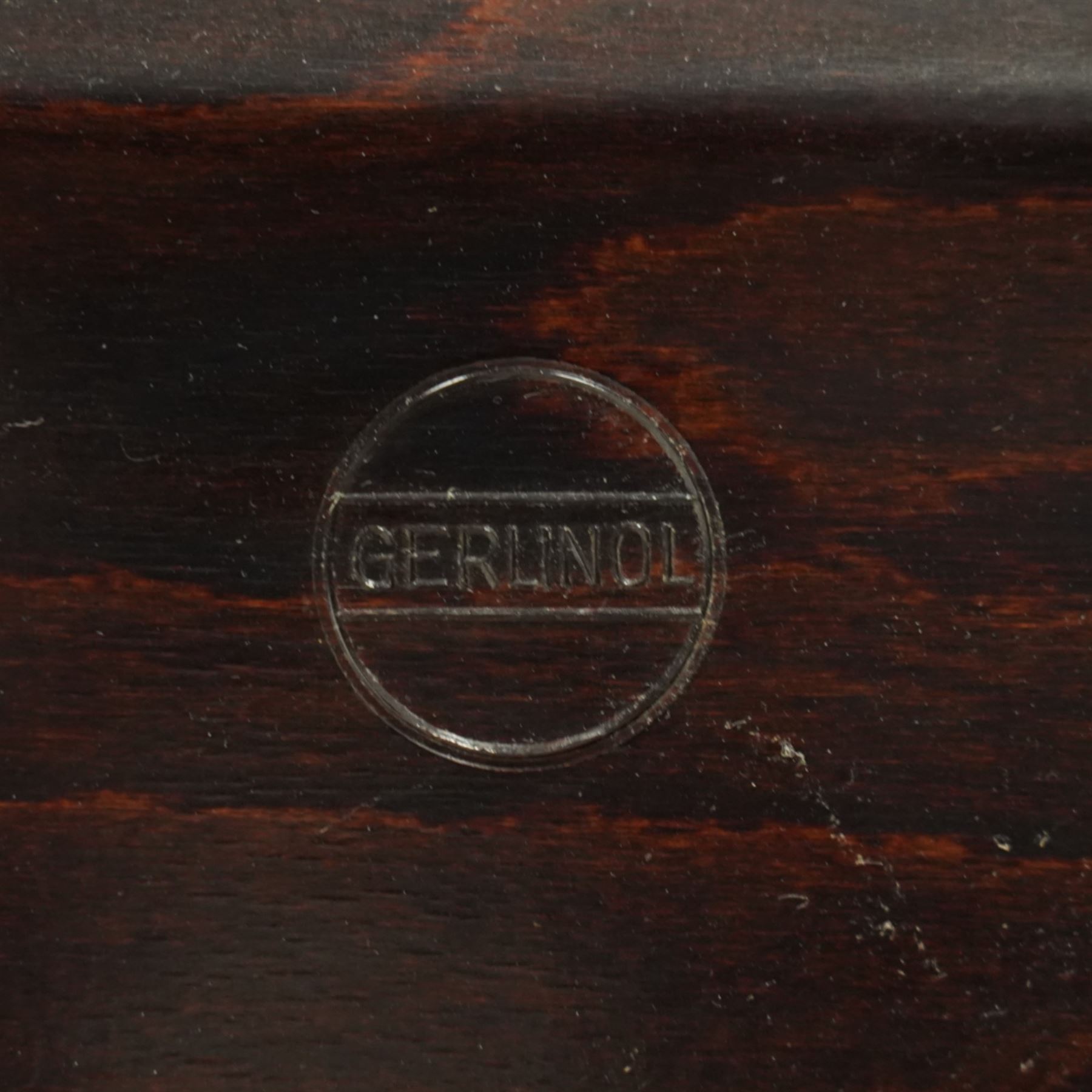 Bremshey Gerlinol - folding trolley, with arched tubular chrome supports and twin dark stained trays, raised on castors, designed to fold compactly when not in use