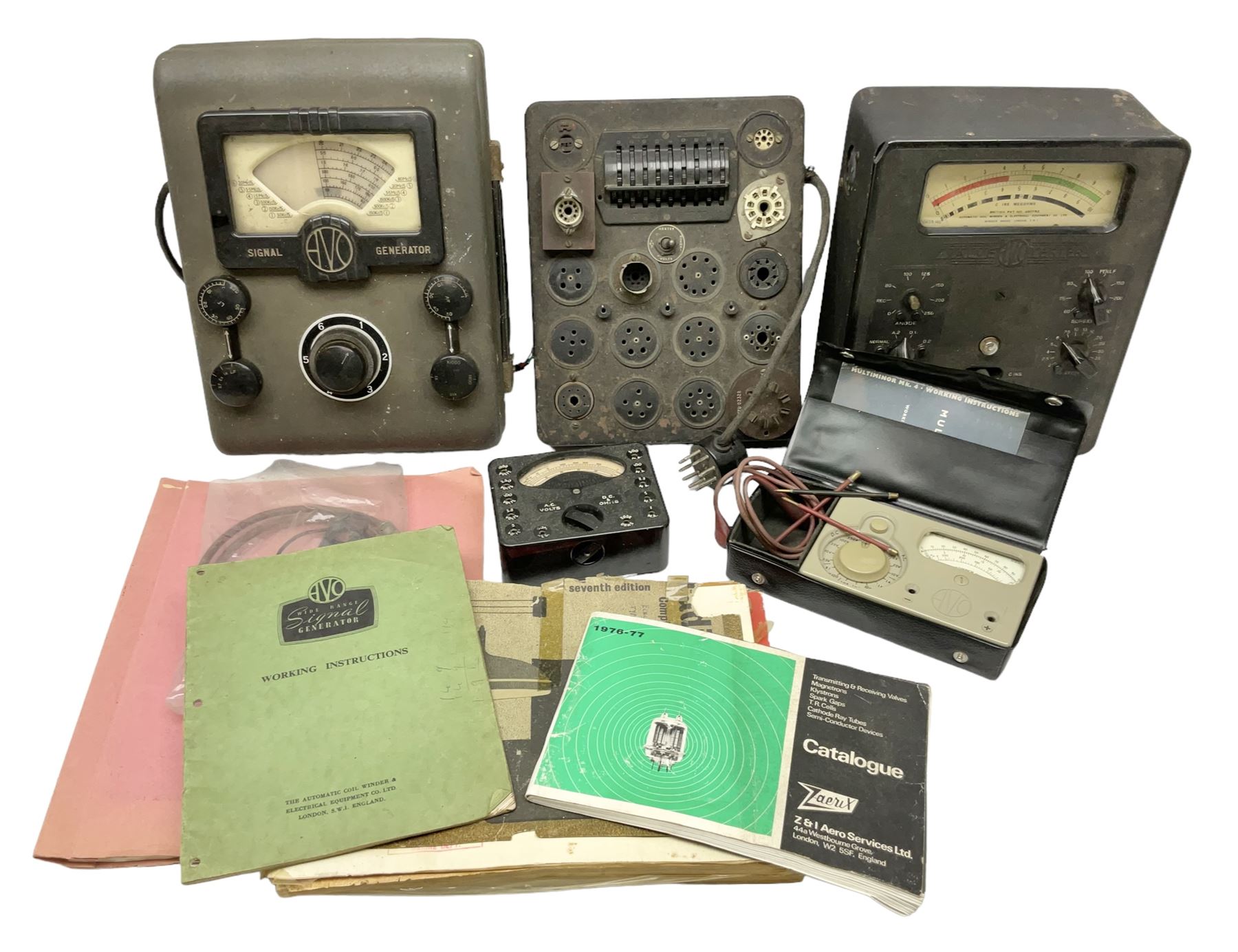 AVO valve tester, British Patent 480752 by the Automatic Coil Winder & Electrical Equipment Co Ltd, together with 16-type plug board with connecting lead, AVO wide range signal generator with original instruction manural and AVO multimeters mk2 and mk4 etc