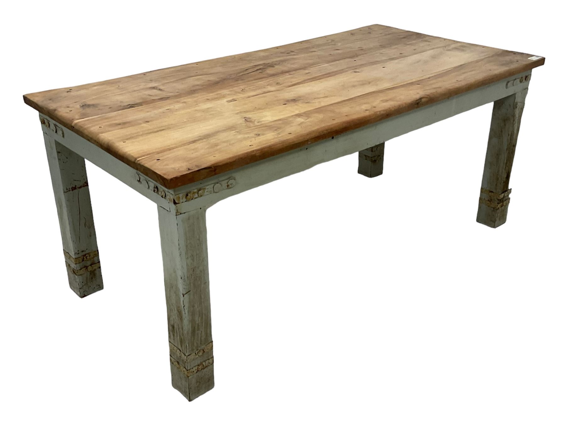 Painted hardwood farmhouse kitchen dining table, rectangular top on painted base, on square supports, bound with metal strappings 