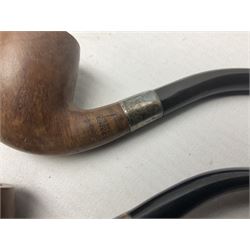 Collection of eight silver mounted pipes, comprising a briar wood Imperial ITC example with silver collar hallmarked A.W Birmingham 1903, horn handled example with silver collar hallmarked LB, probably Louis Blumfeld, Birmingham 1900, three examples marked B.W, one marked Globe A.O.C, Blumfeld's Best Briar pipe marked BBB and Riseagle example, together with two further pipes (10)