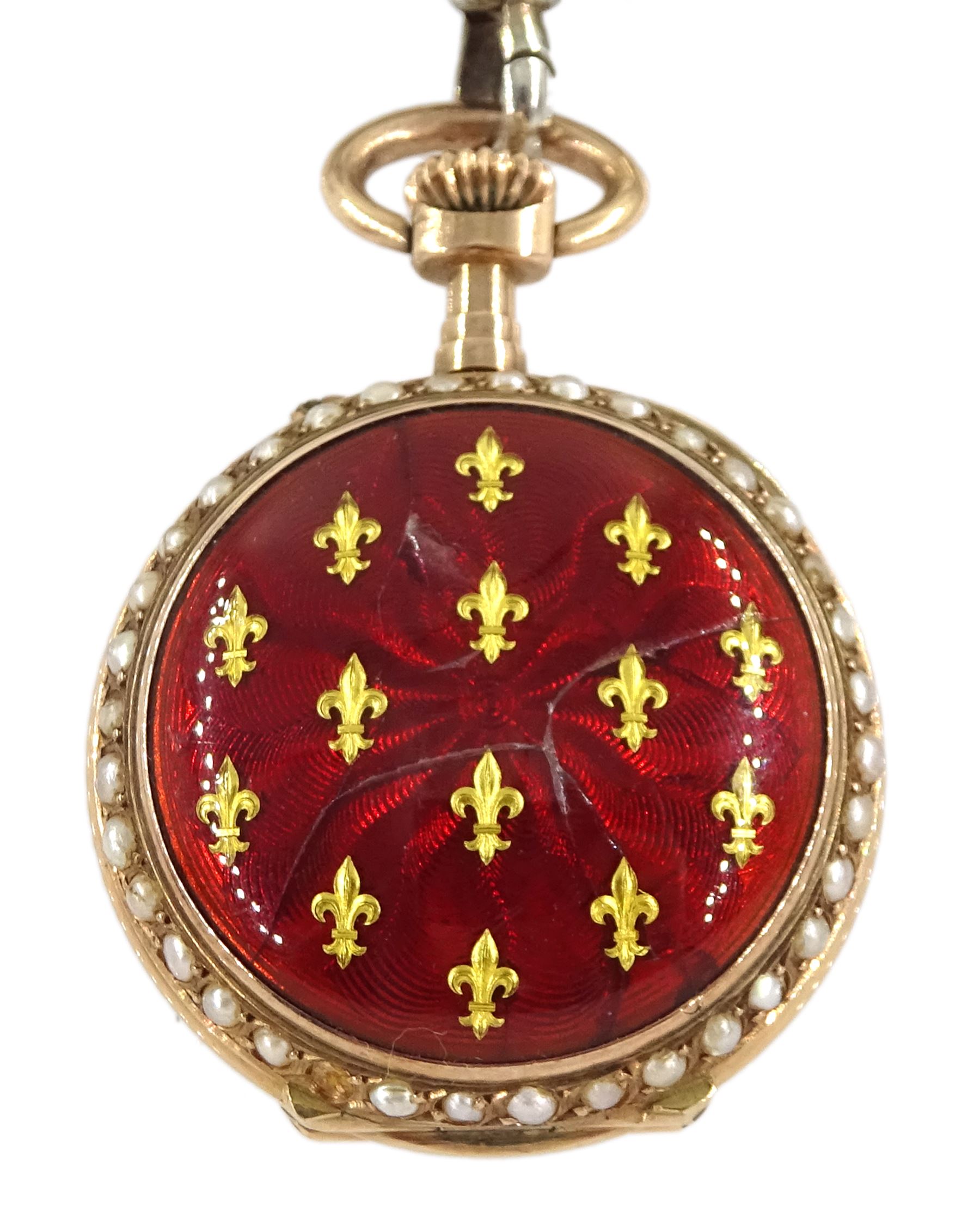 Swiss 14ct gold open face keyless cylinder ladies fob watch, white enamel dial with Roman numerals, guilloche red enamel decorated with Fleur de Lys and split seed pearl surround, case No. 285674 with Swiss export hallmarks and engraved horse, with German silver red enamel and split pearl bow attachment stamped 800, in personalised silk lined case by J.C Vickery, Regent street