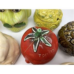Collection of mostly Sylvac kitchen storage jar face pots, including piccalilli, chutney, tomato and bread sauce, tallest H15.5cm