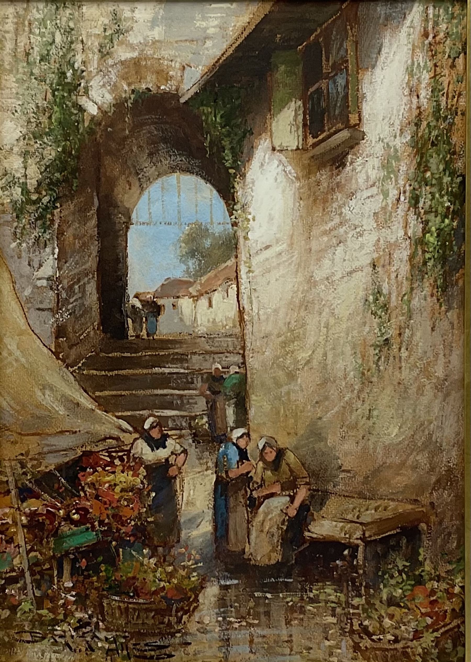 Fredrick John Bartram Hiles R.W.A. (British 1872-1927): 'The Flower Seller', watercolour and gouache signed, 38cm x 26cm
Notes: Hiles lost both arms as a child in a tram car accident and learnt to paint with the brush in his mouth 