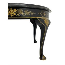 Early 20th century Chinoiserie lacquered circular occasional table, raised gilt decoration depicting traditional landscape scenes, on cabriole supports