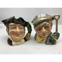 Two Royal Doulton figures, comprising The Master no.HN2325 and The Old Balloon Seller no. HN1315, together with five Royal Doulton character jugs