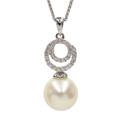  18ct white gold diamond swirl and pearl pendant necklace, hallmarked  
