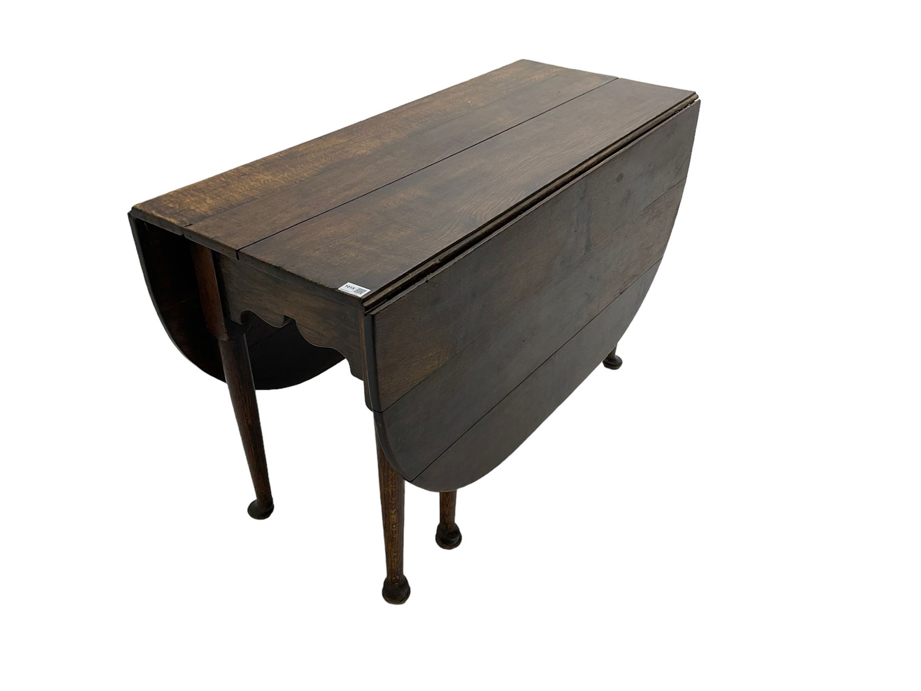 George III oak drop-leaf dining table, oval top over gate-leg action cabriole supports