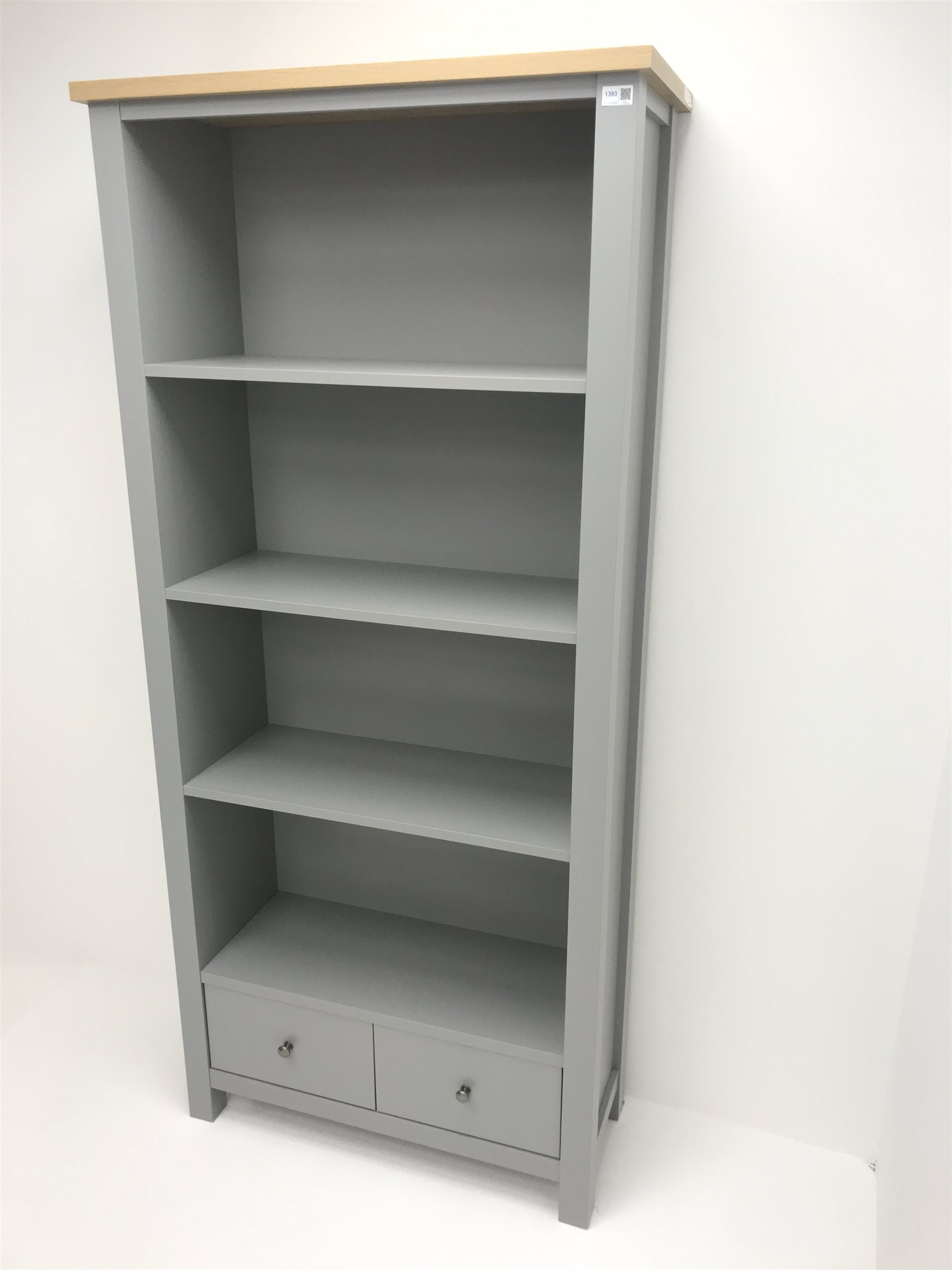 Next Malvern grey and oak finish open bookcase, three shelves above two drawers, stile supports, W84cm, H185cm, D35cm