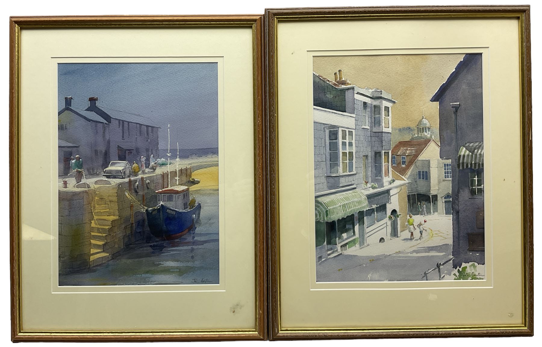 John Bastin (British 1929-): 'Lyme Regis Harbour Looking West' and Street Scene, pair watercolours signed 36cm x 27cm (2)