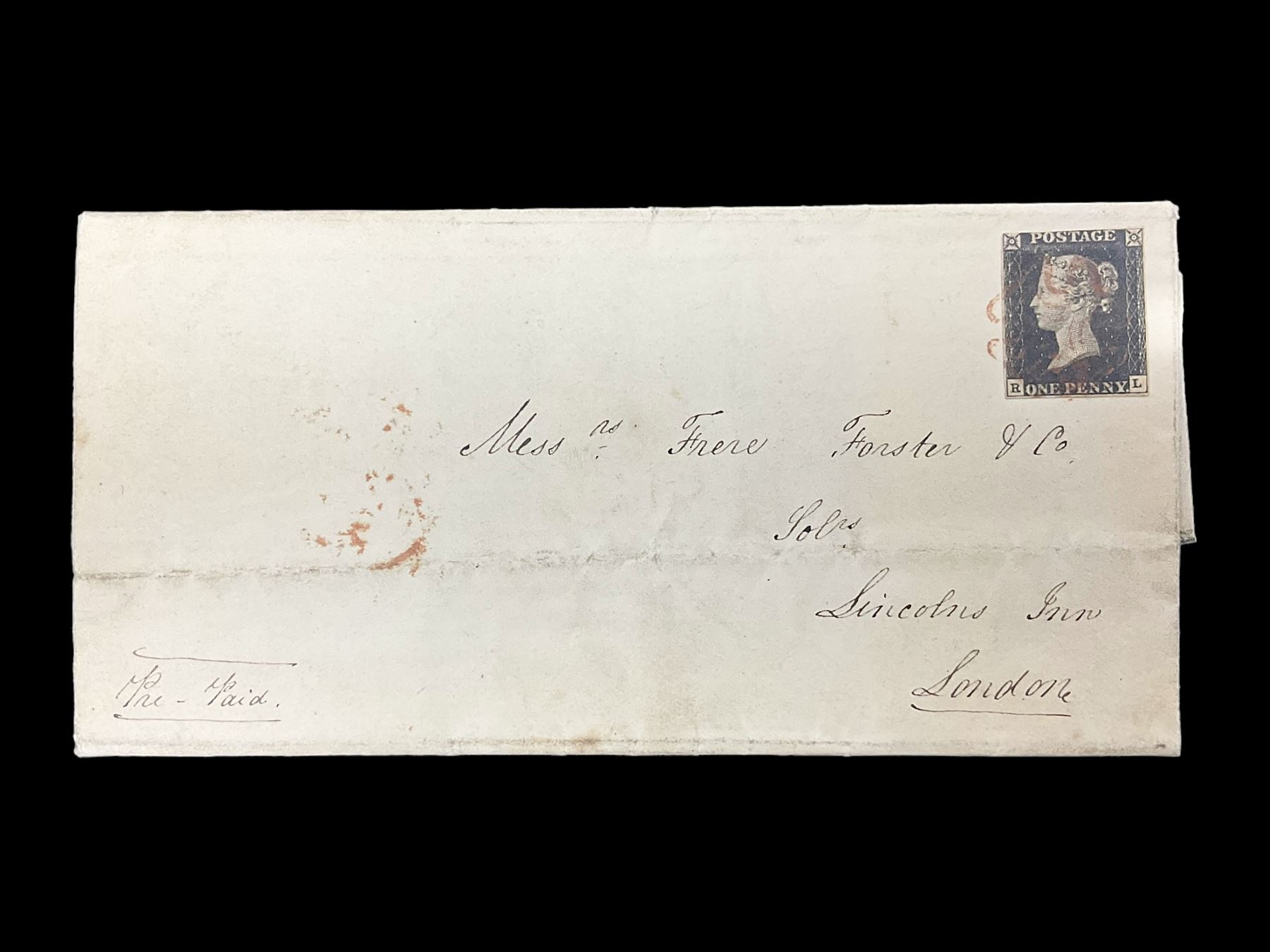 Great Britain Queen Victoria penny black stamp on cover, tied to cover or entire, with red MX cancel

