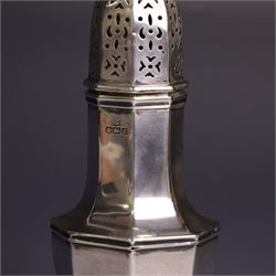 Edwardian silver sugar caster, of typical for with removable pierced cover and upon octagonal foot, hallmarked Mappin & Webb Ltd, Sheffield 1906, H21cm