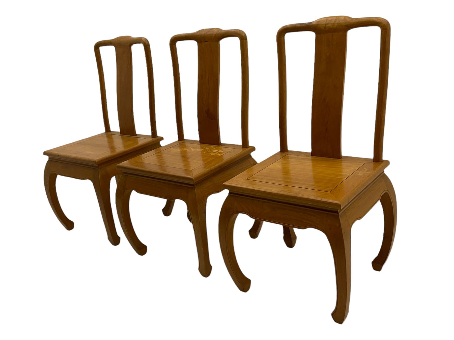 Oriental hardwood rectangular dining table, and six high back dining chairs with solid seats