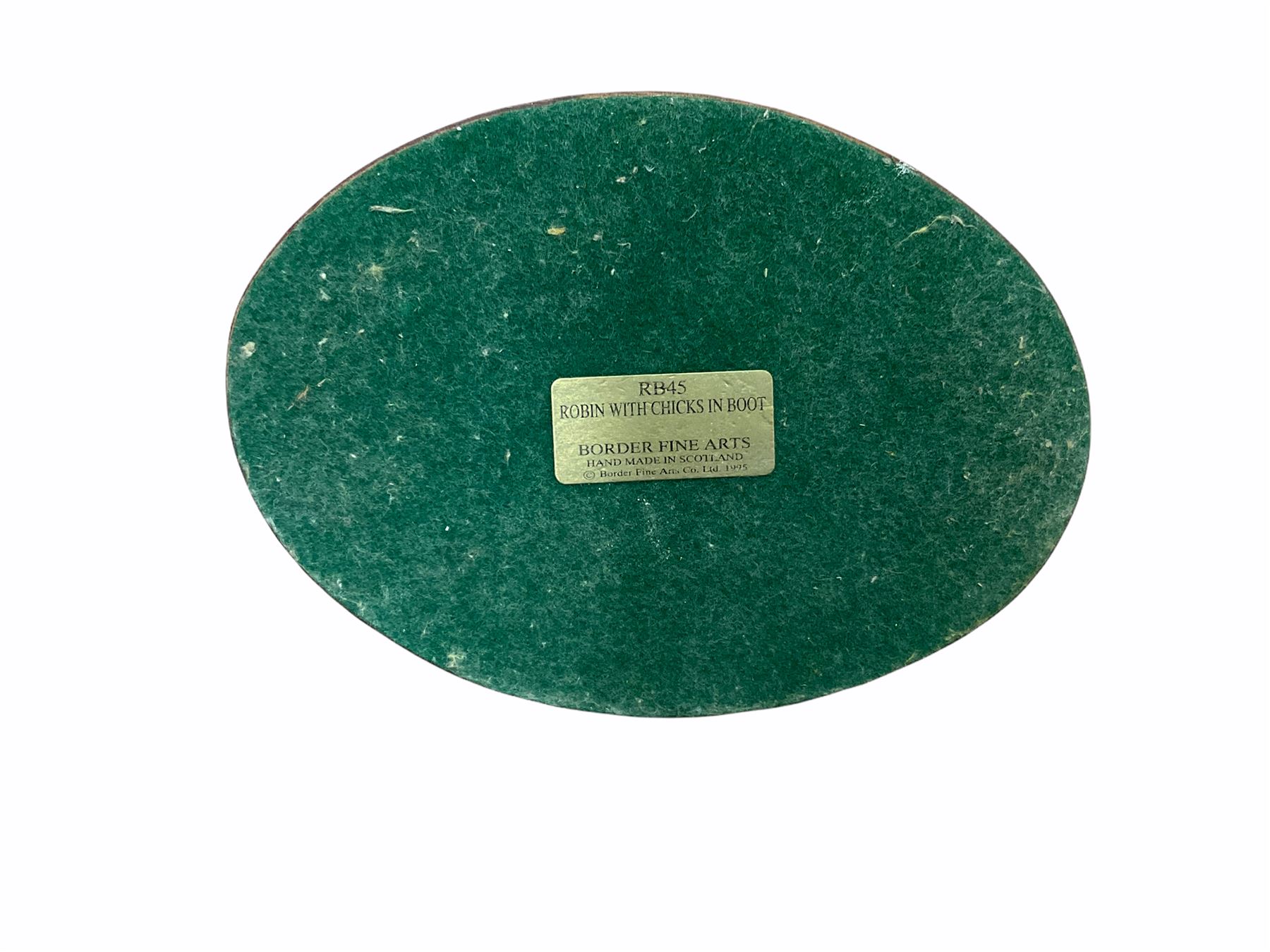 Border fine arts figures, Pick of the litter, model no JH30, by Ray Ayres L26cm, Tug of war, model no JH61, by D Walton H11.5cm and Robin with chicks in boot, model no RB45, by by Ray Ayres H11cm.  