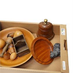 Doorstop in the form of a bell, Rabbitman napkin ring, turned wooden bowls including satinwood, and a primitive two section oak tray
