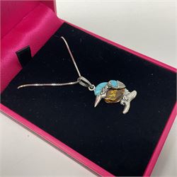 Silver Baltic amber and turquoise kingfisher pendant necklace, stamped 925 