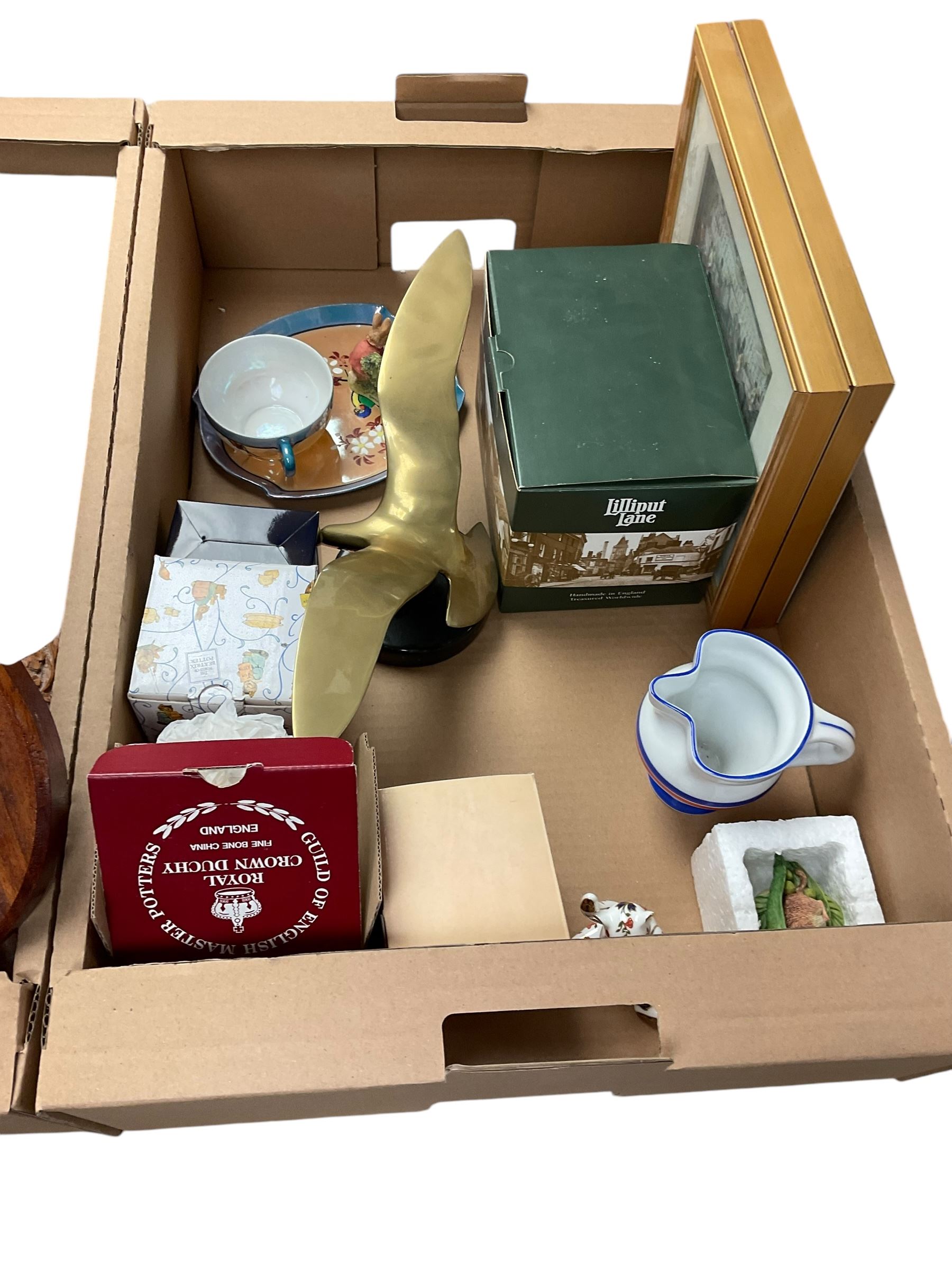Royal Crown derby teddy, together with Lilliput lane, boxes and other collectables in four boxes 