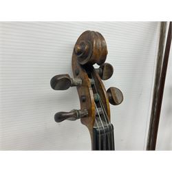 German trade violin in the Steiner style c1900 with 35.5cm two-piece maple back and ribs and spruce top L59cm overall; in fitted carrying case with two bows; and a Saxony violin with 35.5cm one-piece maple back and ribs and spruce top L58.5cm overall (2)