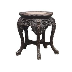  Chinese Padouk wood low Jardiniere stand, shaped circular top with marble inset on curved supports, H50cm  