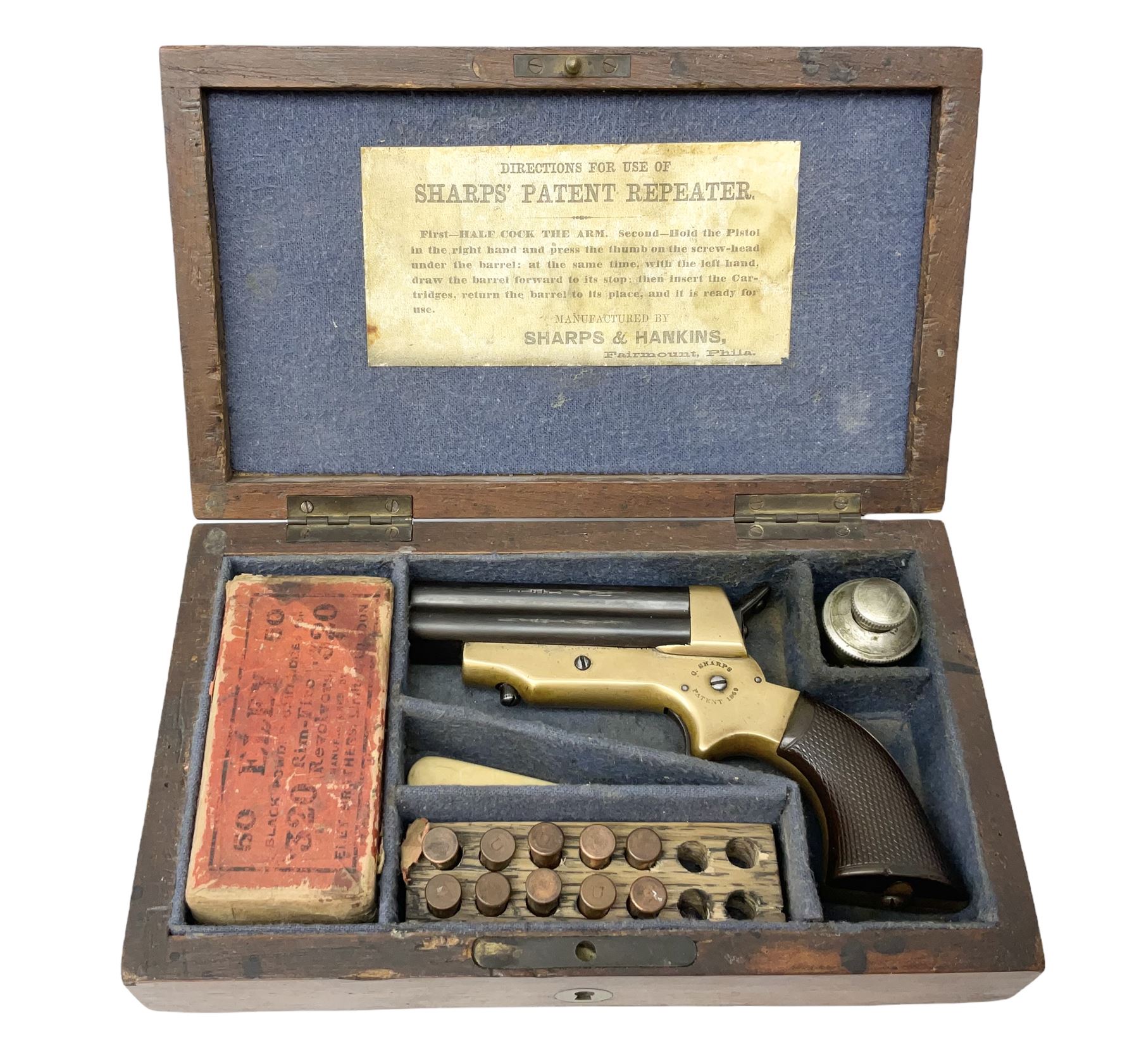 Mid-19th century Sharps' Patent Repeater four-barrelled Deringer pistol, dated 1859, approximately .30 calibre rim fire, brass bodied with rotating firing pin, serial no.8767, L16cm; in fitted rosewood box with label under lid, rack of ten deactivated cartridges, oil bottle and screwdriver and owner's name in brass cartouche to lid.