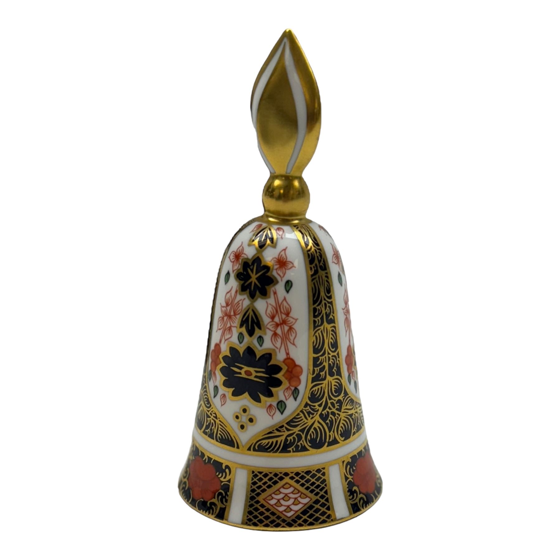 Collection of fifteen Royal Crown Derby thimbles upon an ebonised display stand, together with Royal Crown Derby candle snuffer in Imari pattern 1128