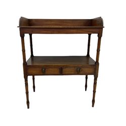 Regency mahogany two tier washstand, raised back, on collar turned supports fitted with two drawers