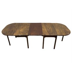 Georgian mahogany dining table, two ends with drop D-end leaves, central additional leaf, gate-leg action base on square supports with inner chamfer