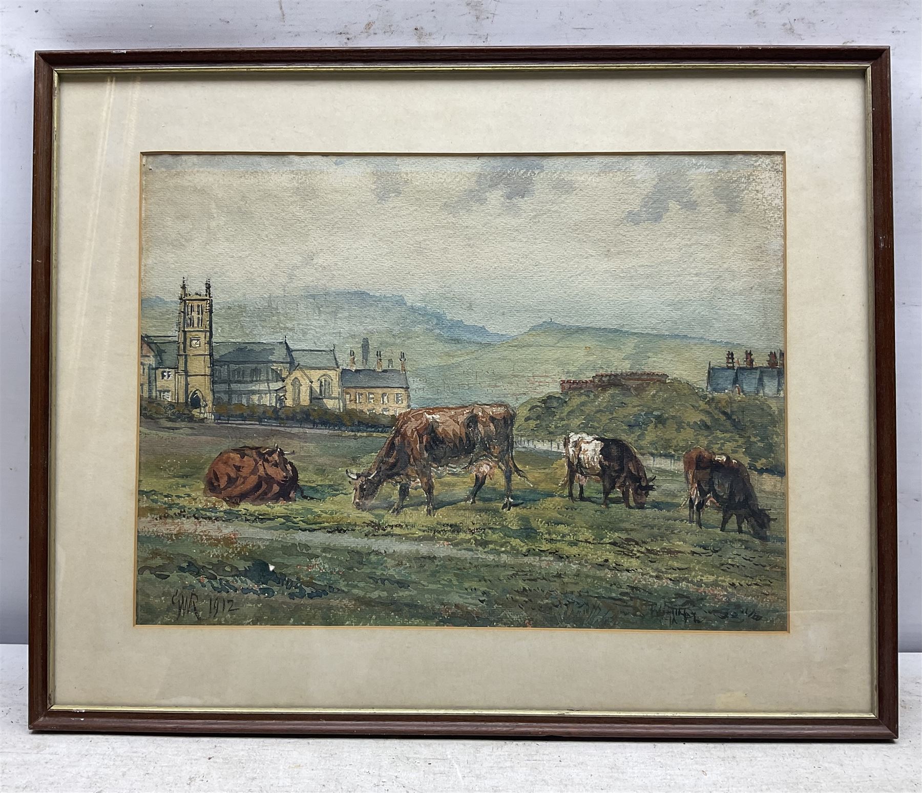 GWR (British Early 20th century): Cattle Grazing in a Town-side Pasture, pair watercolour signed and dated 1910/1912, 28cm x 38cm (2)