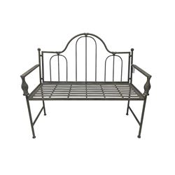 Gothic design black finish wrought metal bench, arched back with turned arm supports