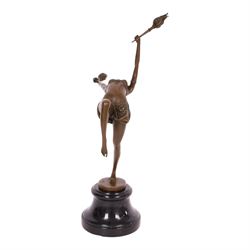 Art deco style bronze figure of a female dancing with flame torches, raised upon marble base, signed Nick, H43cm 